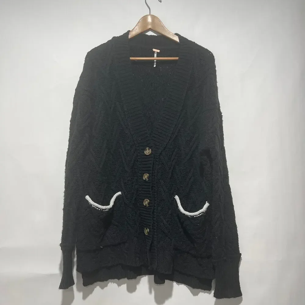 Free People Womens Montana Cable Knit Cardi Cardigan Sweater Black Size S - Picture 4 of 9